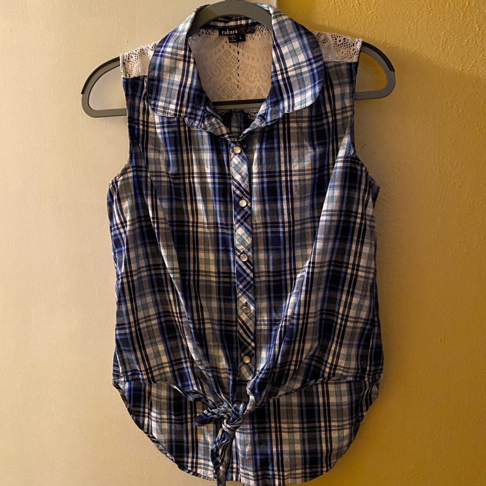 Blue plaid top that ties in front. $10